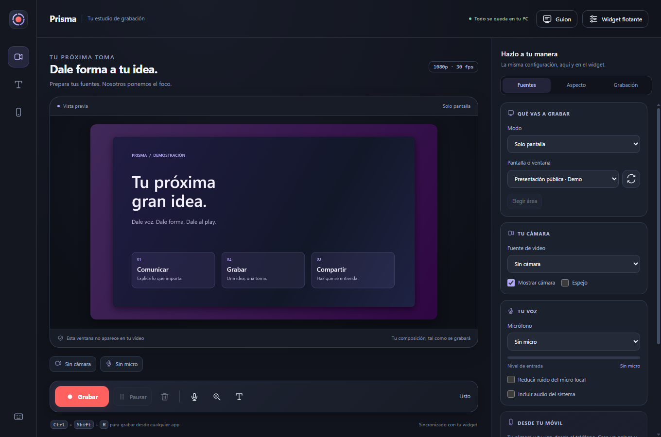 Estudio real de Prisma con una presentación rotulada Demostración en la vista previa